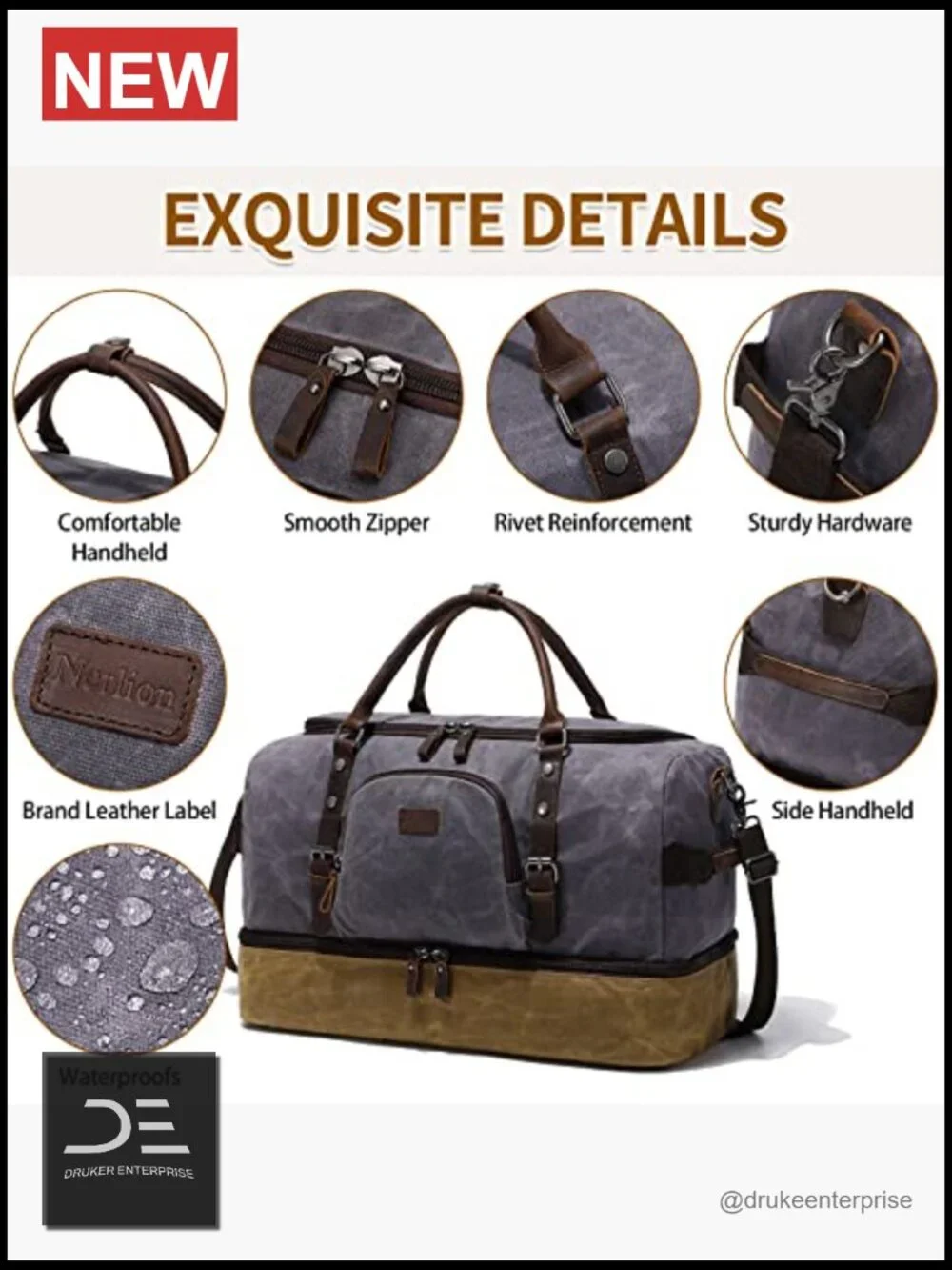 Canvas Leather Weekender Bag with Shoe Compartment Large Travel Duffel